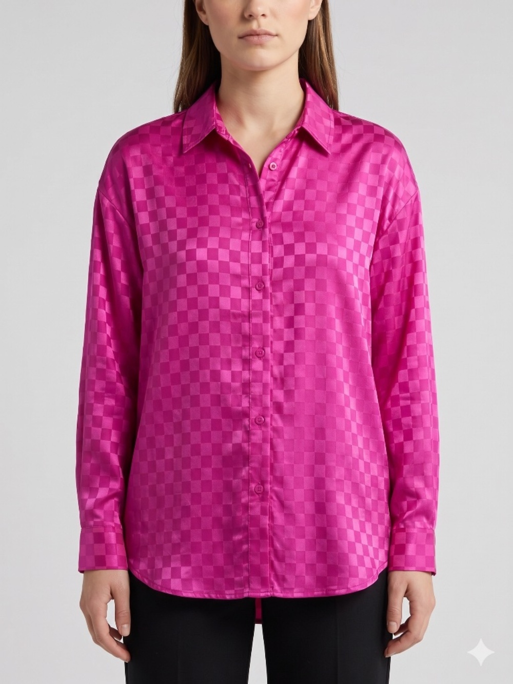 Altar'd State Fuchsia Satin Check Long Sleeve Button Up Shirt Size M